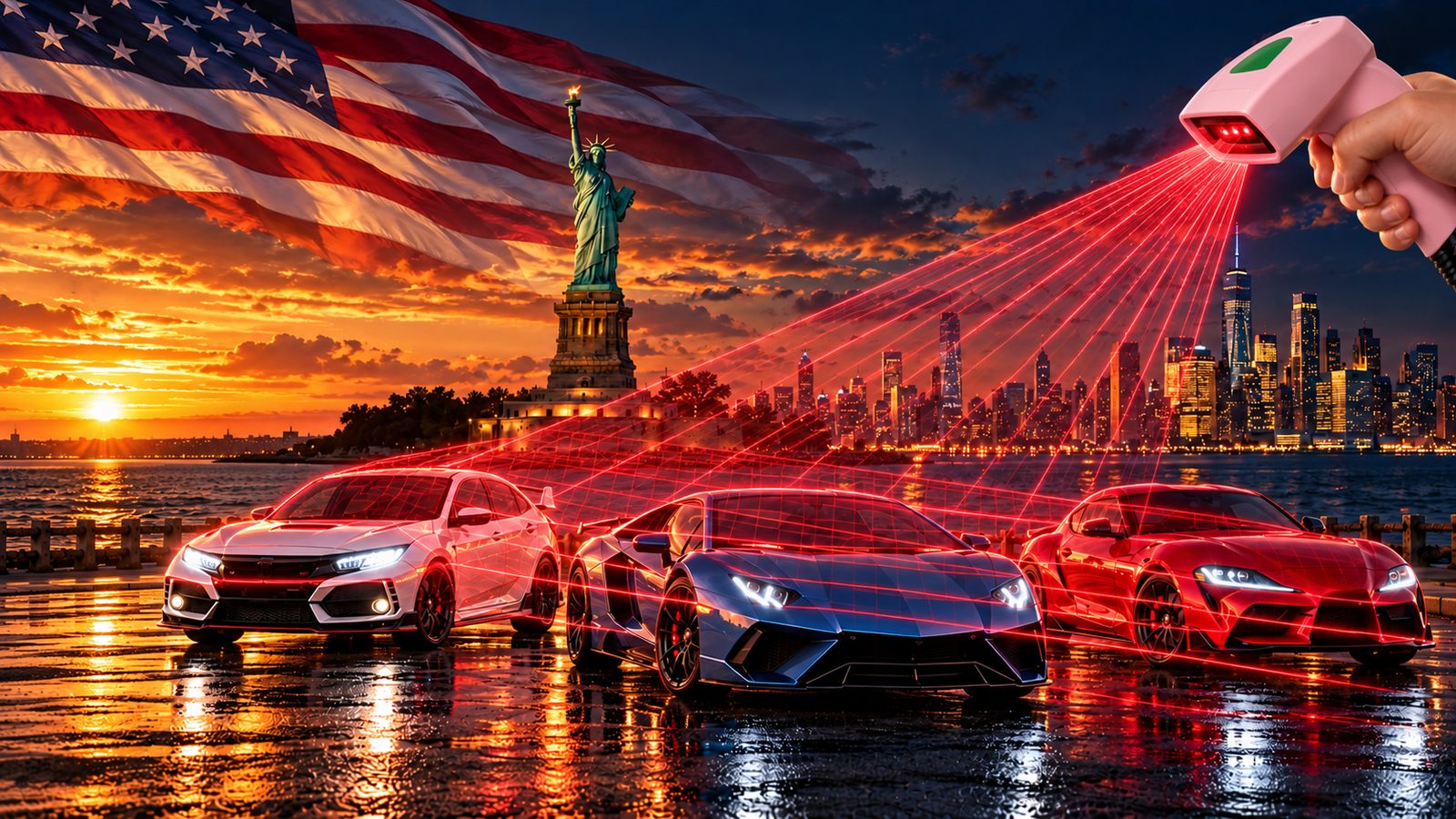 A hand holding a barcode scanner whose red laser scans three sports cars in front of the Statue of Liberty and the New York skyline at sunset